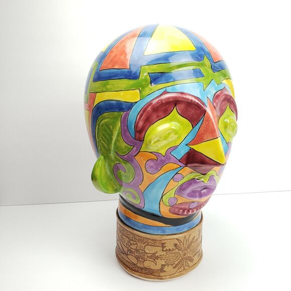 Head Sculpture Contemporary Post Modern Art Pre-Columbian Inspired Ceramic Decor - Picture 1 of 12